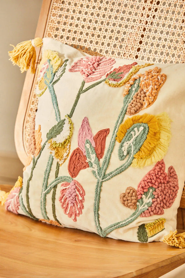 Cushion cover with embroidered flowers Violet