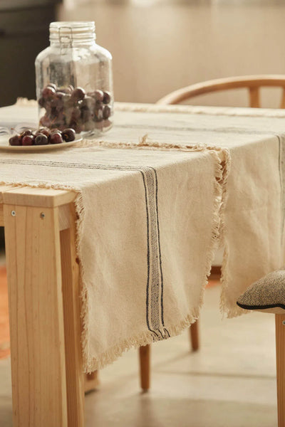 GABRIELLE Nappe ronde en coton et lin Nappe à franges anti-taches Protège- table lavable 140x140cm