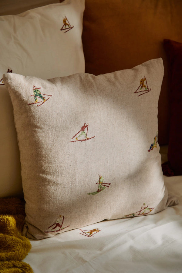 Funda de cojín cuadrada de lino bordado Ski