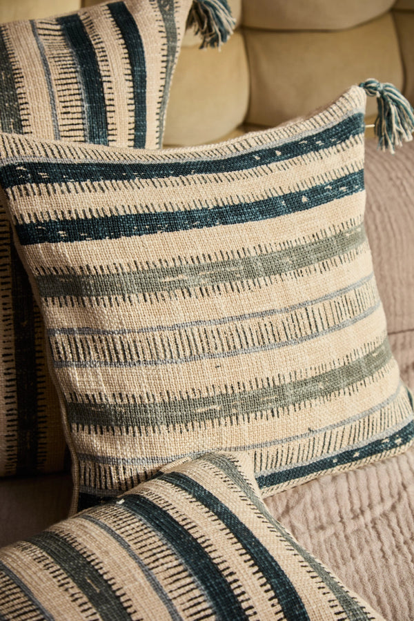 Funda de cojín cuadrada de algodón con a rayas en tonos azules Tacna