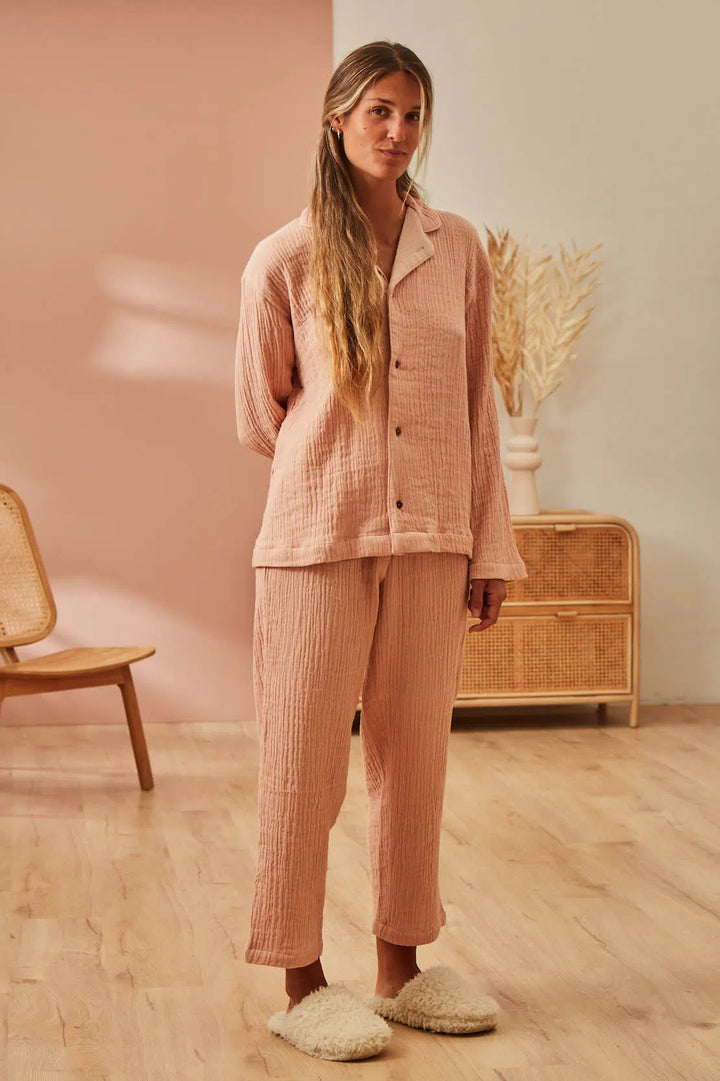 Pijama camisero largo de algodón rosa Layer-Calma House