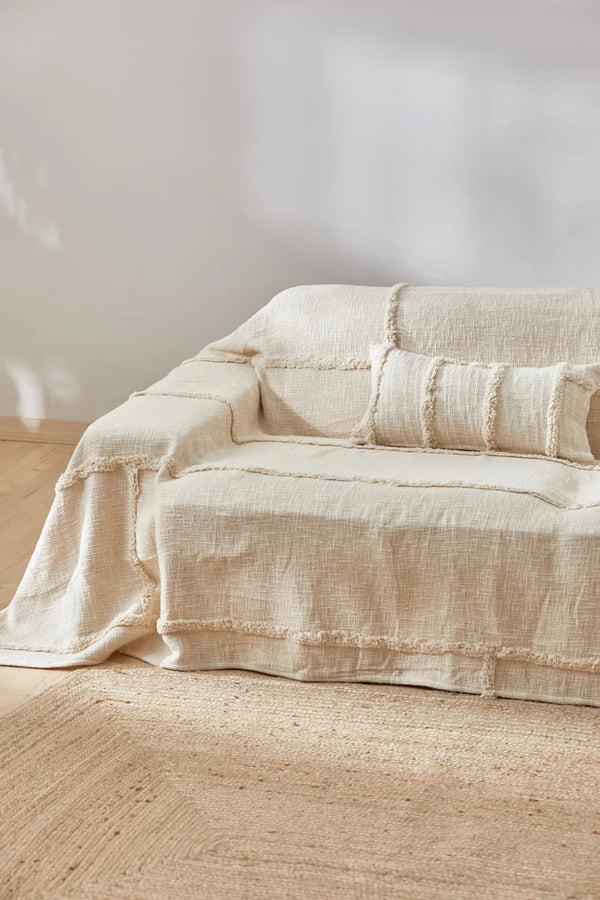Housse de canapé en coton Bagua avec motif en tufting écru