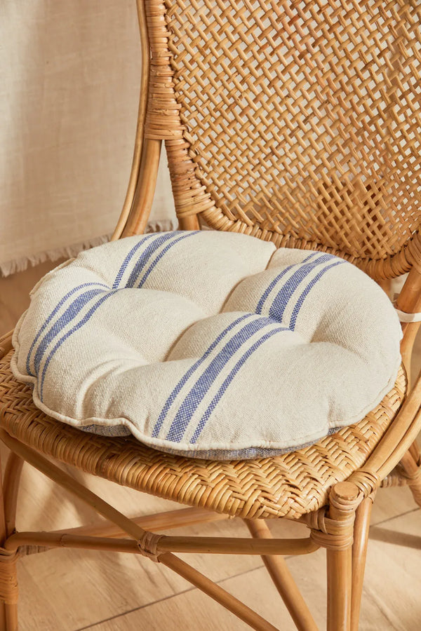 Washable round chair cushion with blue woven stripe Bari