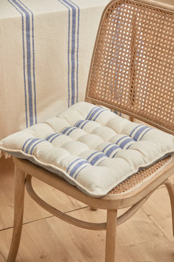 Washable square chair cushion with blue woven stripe Bari