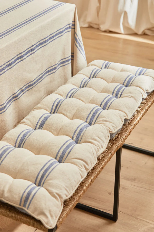 Washable bench cushion with blue woven stripe Bari