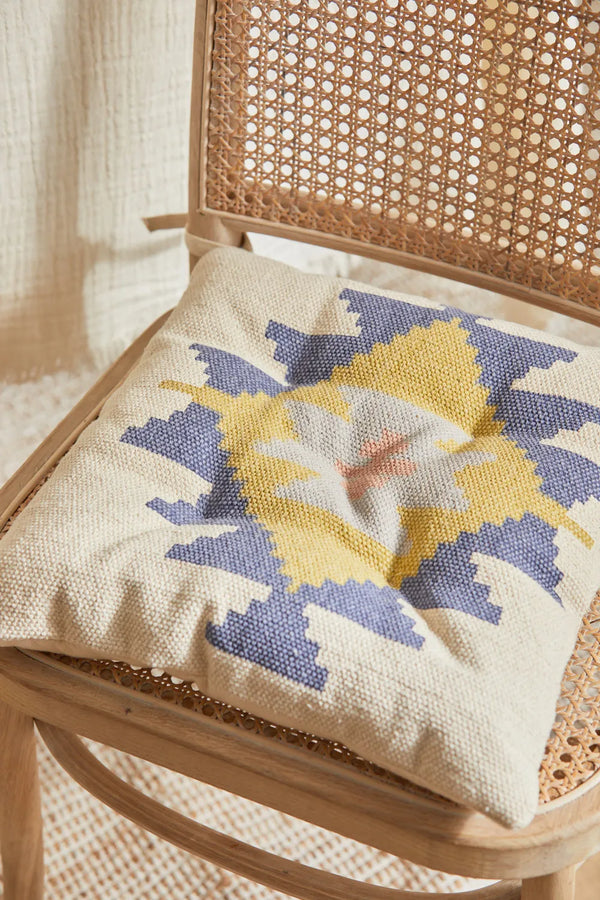 Washable square cotton dhourrie chair cushion with boho print Berta