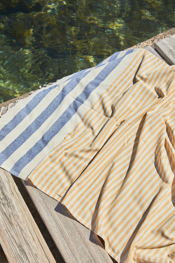 Mustard and blue striped beach towel Tropez