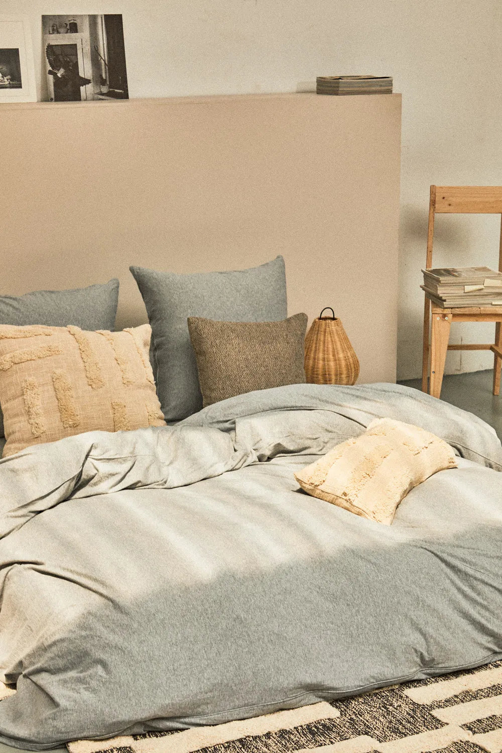 Funda nórdica + juego de almohada de punto gris Jersey-Calma House